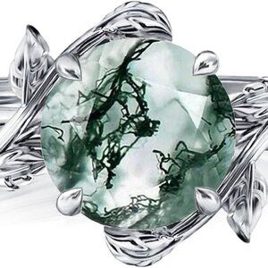 Natural Moss Agate Ring for Women 925 Sterling Silver Green Moss Agate Engagemen
